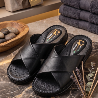 Ortho-Cuir Noir Mules  "Relax" H02