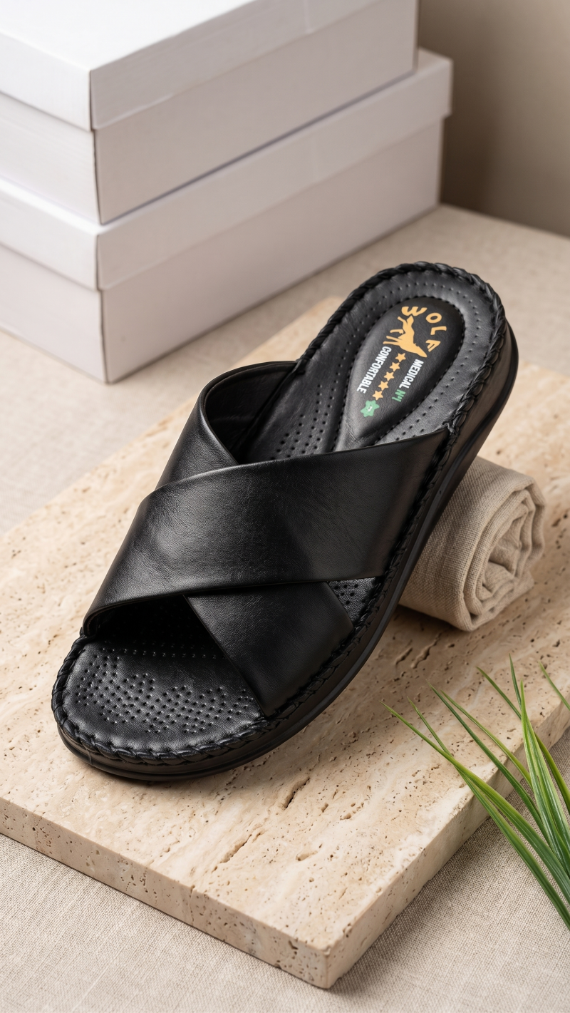 Ortho-Cuir Noir Mules  "Relax" H02